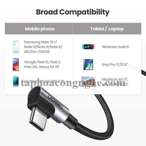 Ugreen 70528 0.5M PD 3A 20v 60W 2 đầu bẻ góc 90 độ cáp USB type C ra USB type C đầu nhôm mạ nickel chống nhiễu US323 30070528